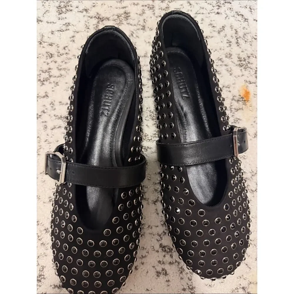 Shutz Studded Black Mary Jane Flats with Buckle Size 9